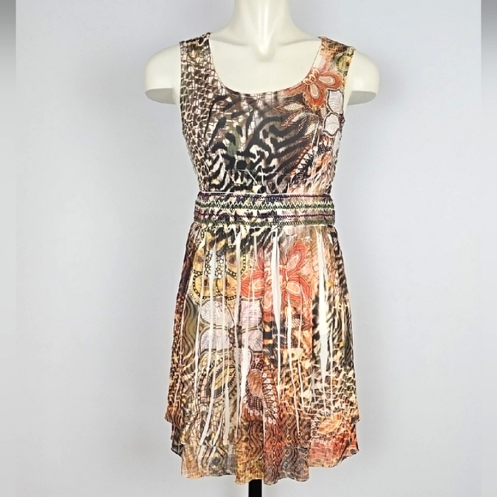 Style & Co. Women's Sleeveless Chiffon Dress Tan Orange Animal Floral Print S